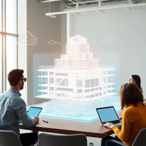 Engineers collaborating around a holographic 3D building model with BIM layers and AI overlays