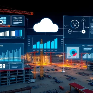 Construction site with a translucent cloud dashboard overlay showing budgets, change orders and real-time sync visuals