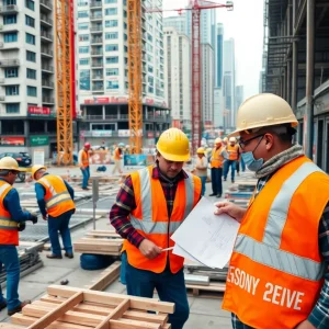 Construction workers collaborating on a building site with various equipment.