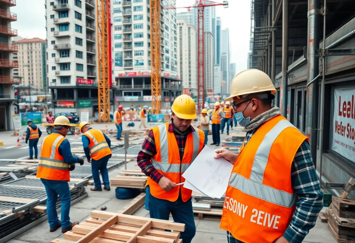 Construction workers collaborating on a building site with various equipment.
