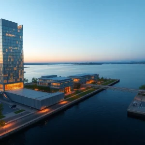 Architectural rendering of the proposed 25-story mixed-use tower and on-site ferry terminal at 615 River Road, Edgewater, NJ