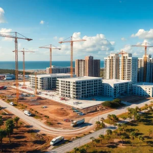 Aerial view of senior living campus under construction with cranes, community and residential buildings in Sarasota County