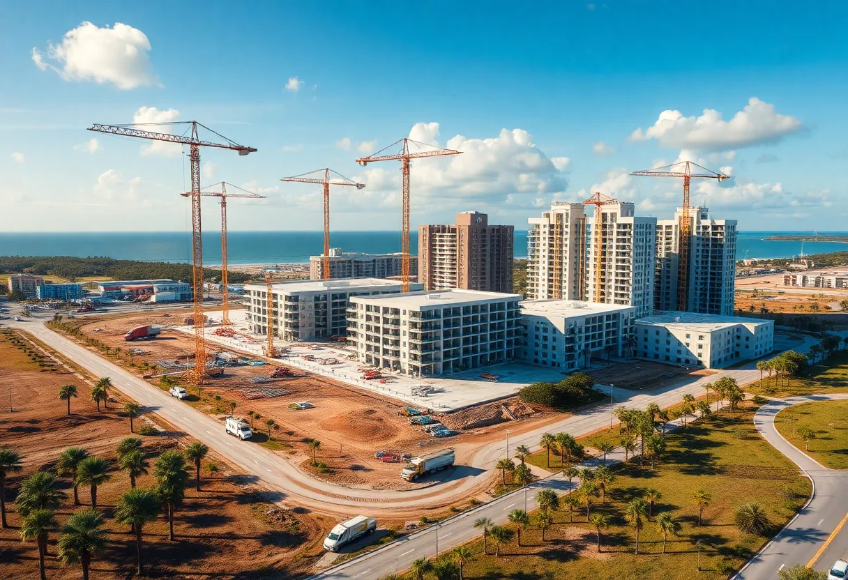 Aerial view of senior living campus under construction with cranes, community and residential buildings in Sarasota County