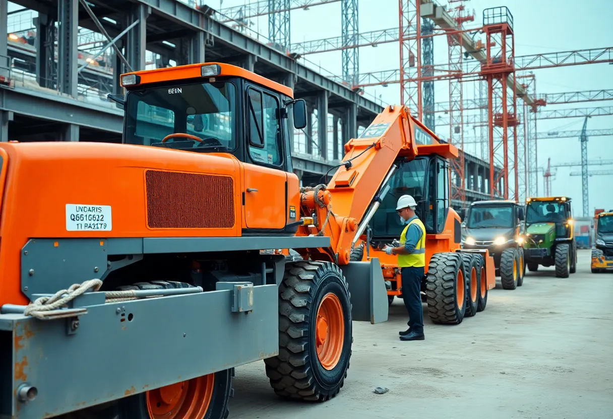 Construction workers with modern machinery on-site