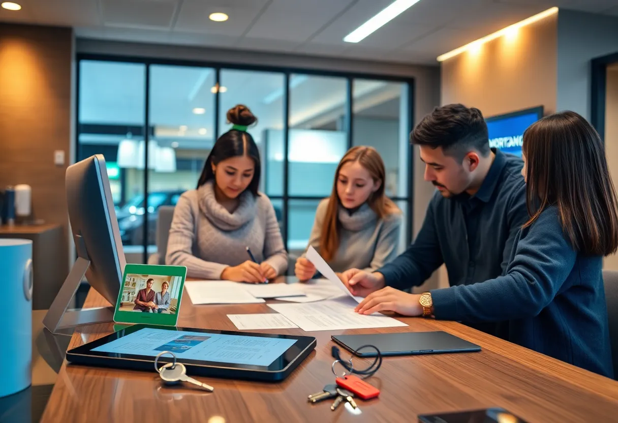 Loan specialist and diverse family reviewing mortgage documents with house keys on a desk in a modern credit union during evening hours