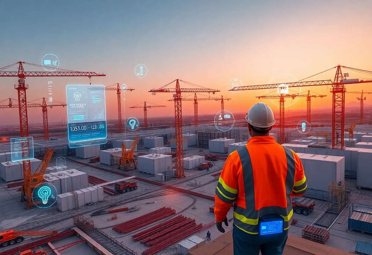 Gulf construction site with cranes and digital sensor data overlays representing real-time workforce tracking