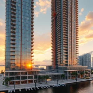 Two modern glass residential towers rising above a shared podium on the Miami River with construction cranes and marina in foreground