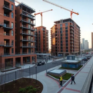 Construction of mixed-income Palladium Buckner Station next to Buckner DART Light Rail Station with pedestrian promenade
