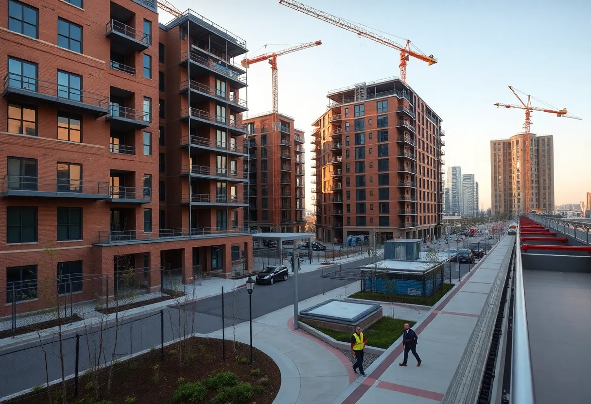 Construction of mixed-income Palladium Buckner Station next to Buckner DART Light Rail Station with pedestrian promenade