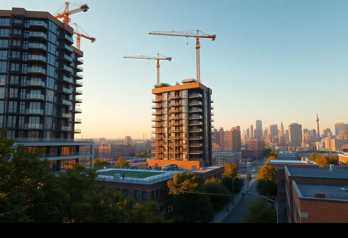 Two new mid-rise apartment buildings rising above podiums with cranes, rooftop pool and Northern Liberties skyline in the background