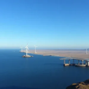 Visual representation of the Pier Wind terminal project in California with offshore wind turbines.