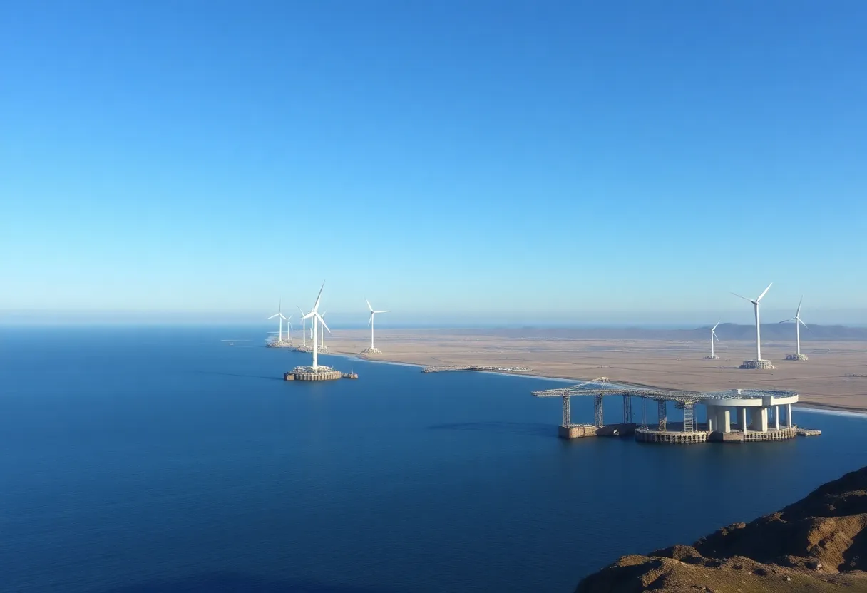 Visual representation of the Pier Wind terminal project in California with offshore wind turbines.