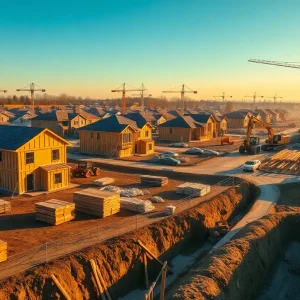 New-home construction site with framed houses, cranes and construction materials under a clear sky