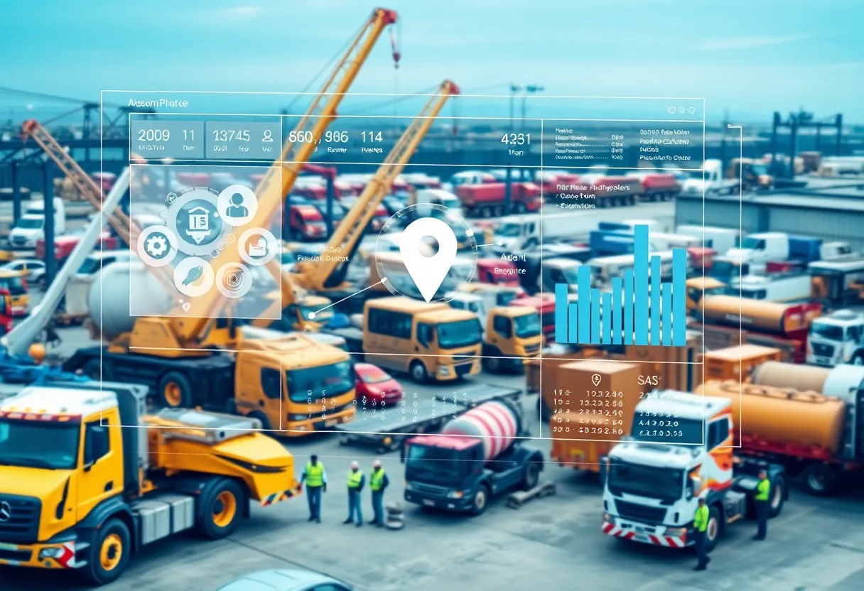 Digital dispatch dashboard overlaying cranes, concrete pumps and waste collection vehicles in an equipment yard