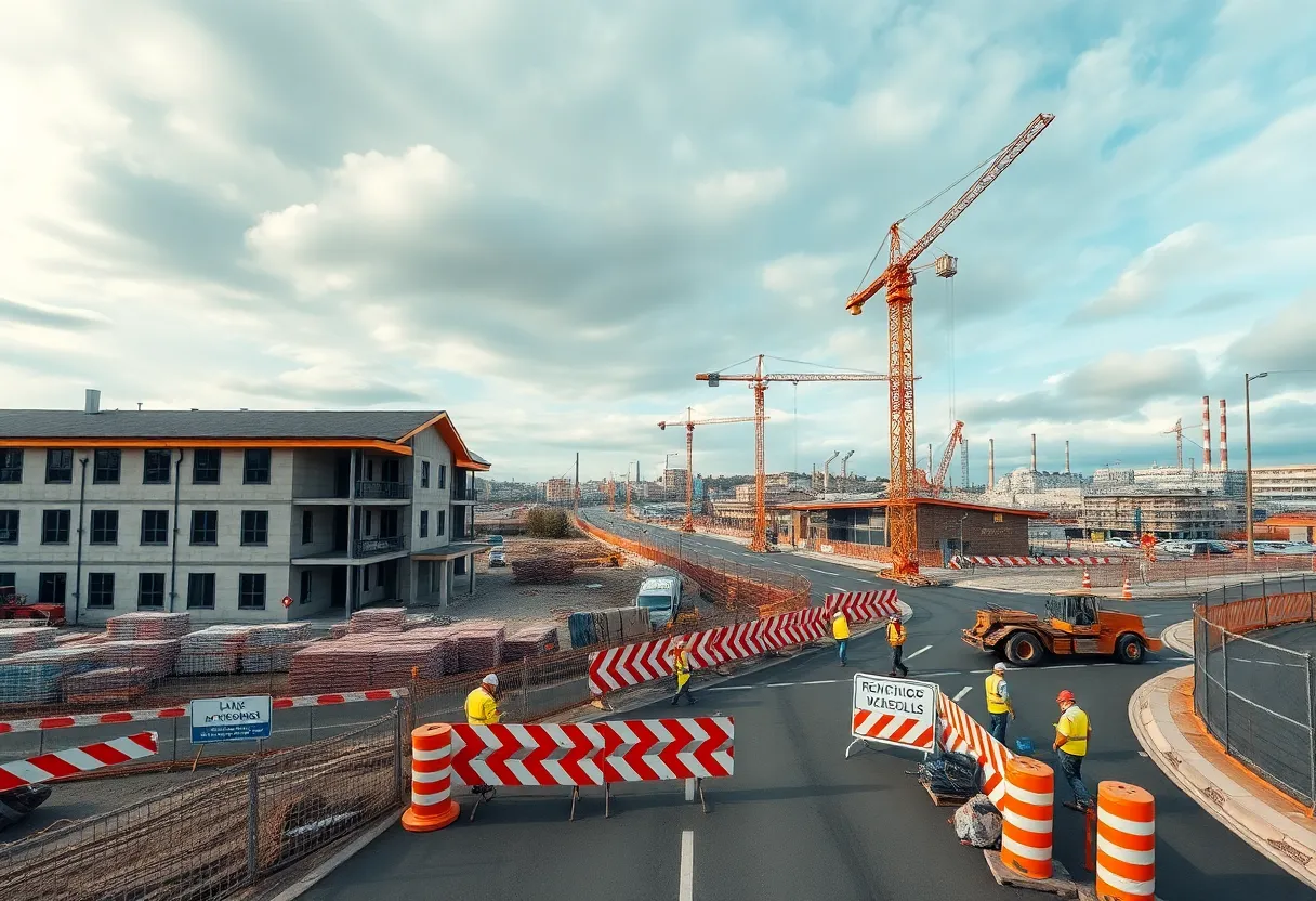 Active construction site with cranes, excavators, workers and materials across school, road and industrial projects