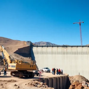 Construction workers on the site of a reservoir improvement project