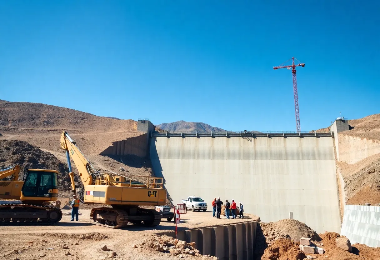 Construction workers on the site of a reservoir improvement project