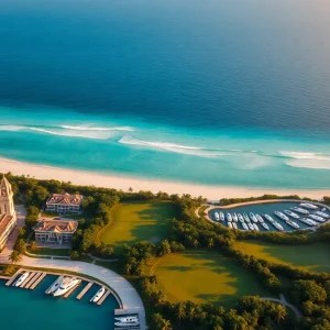 Aerial rendering of luxury resort on Rockwell Island with ocean-view residences, private docks and golf course