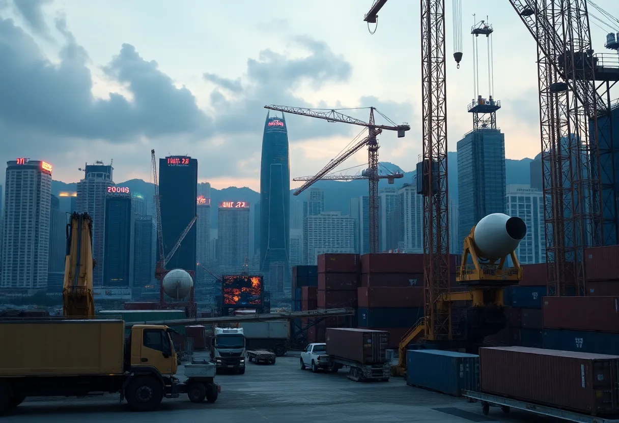 Construction equipment in front of Hong Kong skyline with stock market tickers, representing a dual listing and global expansion