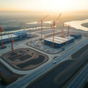 Aerial view of casino and racetrack construction site spanning two large parcels near a river