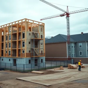 Construction site of affordable housing buildings and townhomes in St. Paul with crane and scaffolding