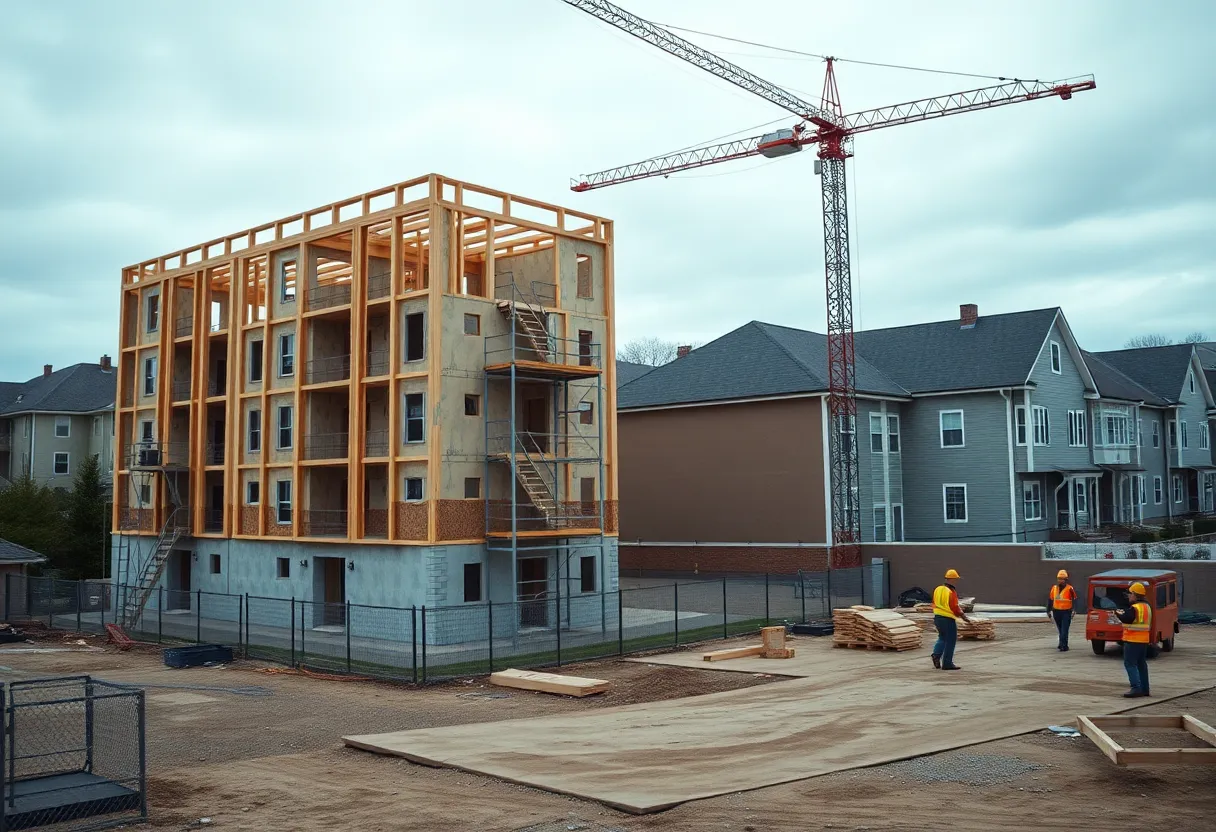 Construction site of affordable housing buildings and townhomes in St. Paul with crane and scaffolding