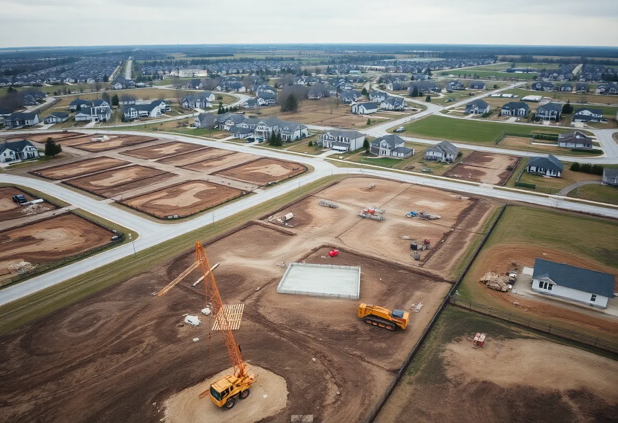 Aerial view of undeveloped lots and partially built houses in a suburban development