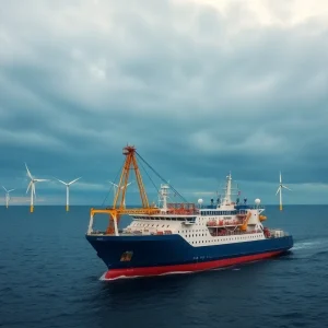 Installation vessel for wind turbines near completion in the ocean